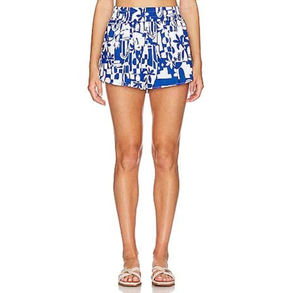 Show Me Your Mumu Blue White Tropical Abstract Smocked Waist Shorts Medium